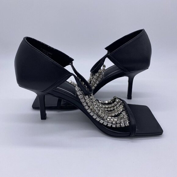 Zara 2020 Cruise Sandals 39 Sparkly Rhinestone Black Leather Square Toe Heels - Picture 10 of 16